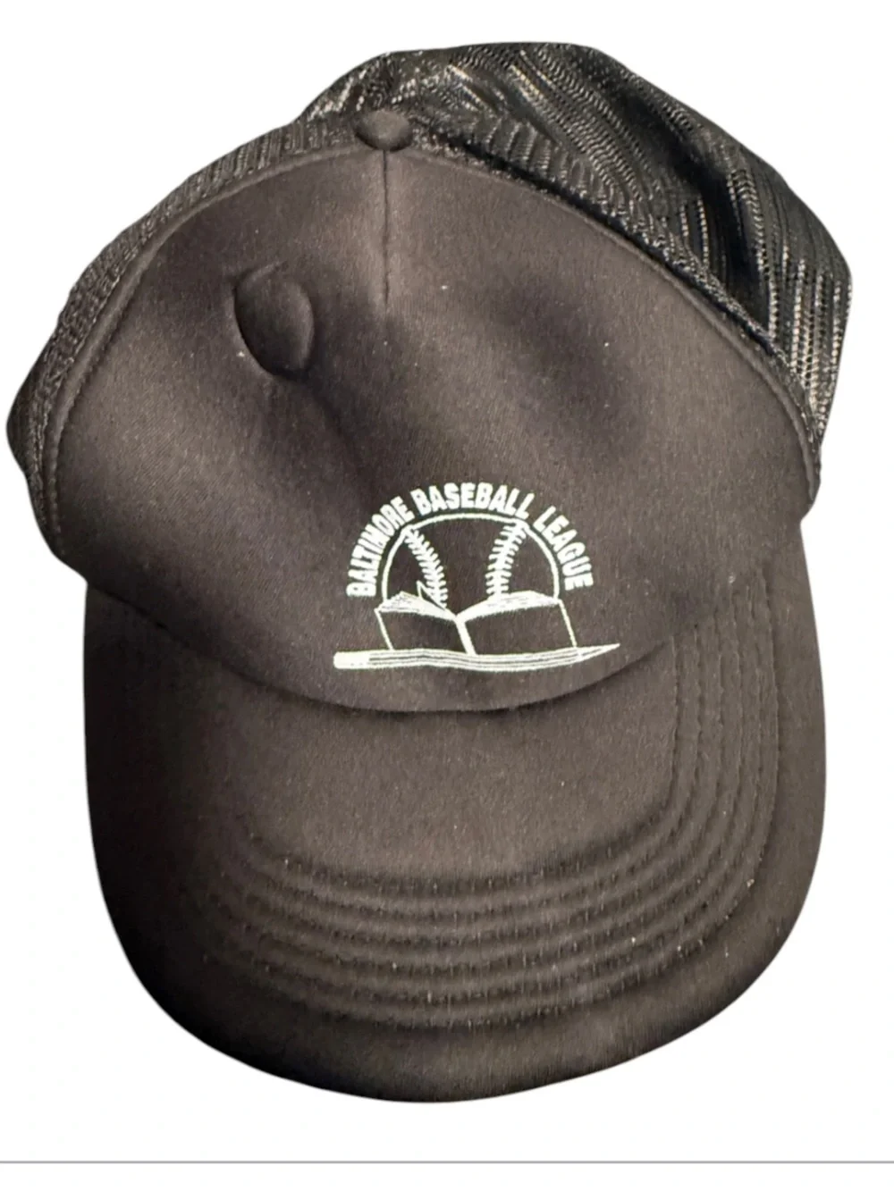 Vintage Black Trucker Hat with 'Baltimore Baseball League' Logo